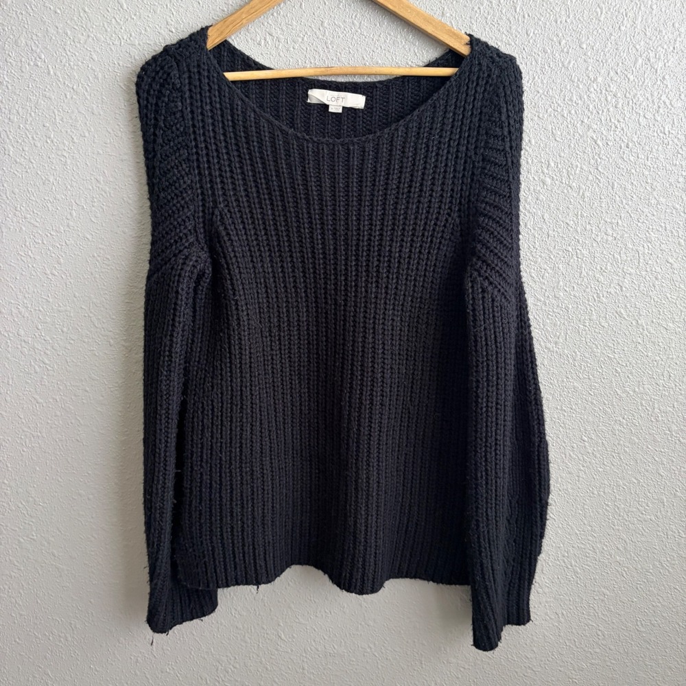 Loft Black Wool Alpaca Blend Cable Boat Neck Long Sleeve Pullover Sweater M